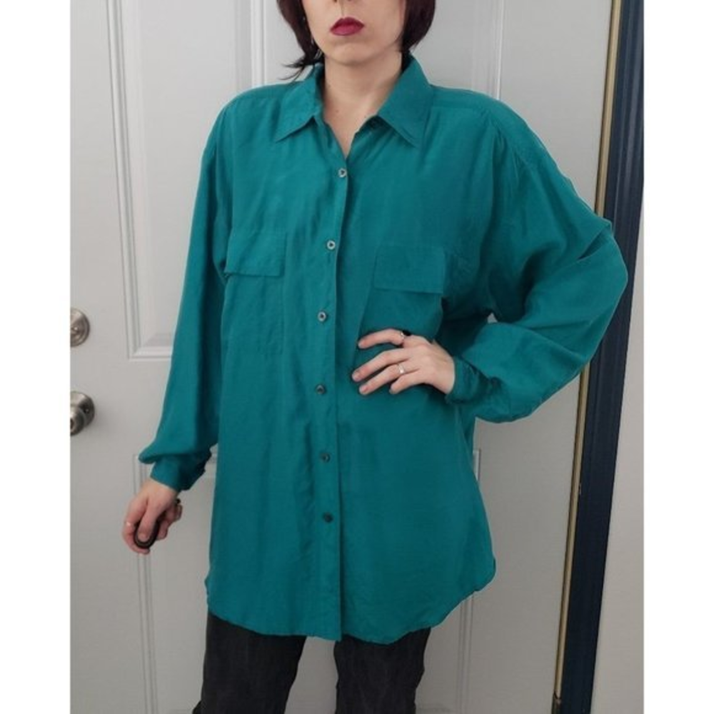 Vintage 80s Green‎ Silk Button Down